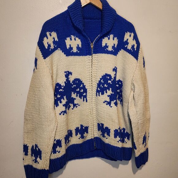 Vintage Thunderbird Sweater Wool Shawl Collar Cowichan Cardigan Sweater Full Zip - Picture 5 of 10